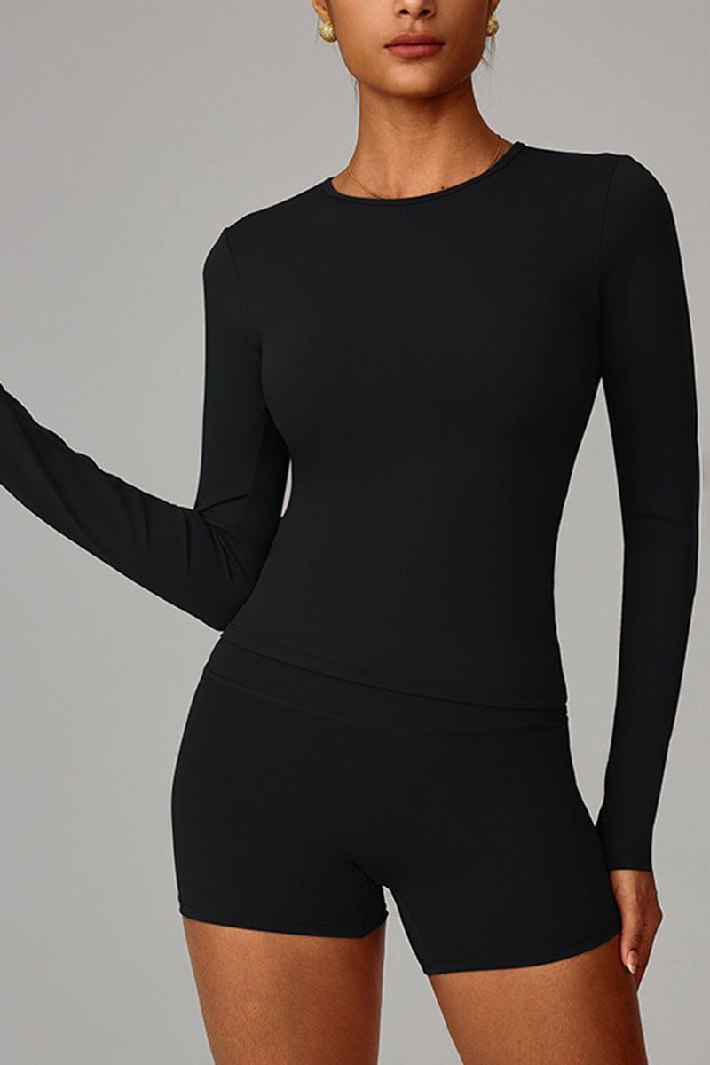 Women Fleece-Lined Yoga Set: Long Sleeve Top + Shaping Shorts