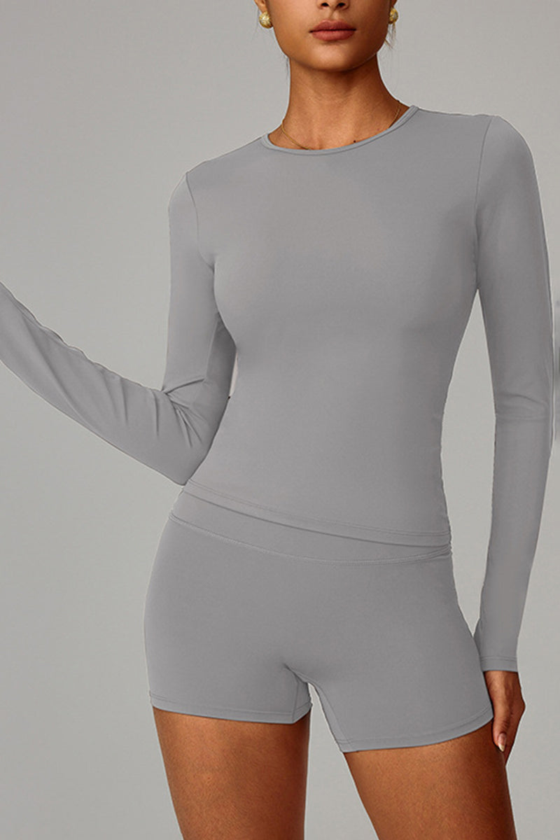 Women Fleece-Lined Yoga Set: Long Sleeve Top + Shaping Shorts