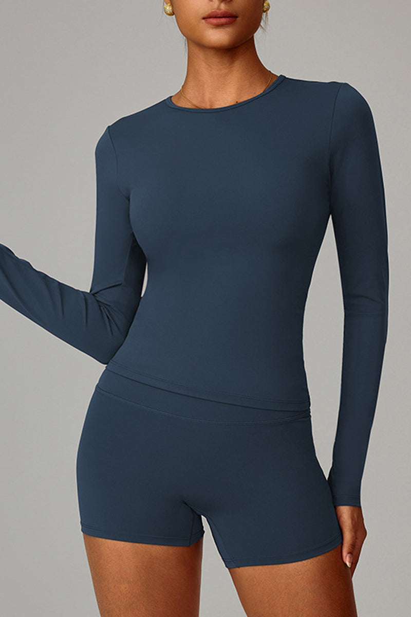 Women Fleece-Lined Yoga Set: Long Sleeve Top + Shaping Shorts