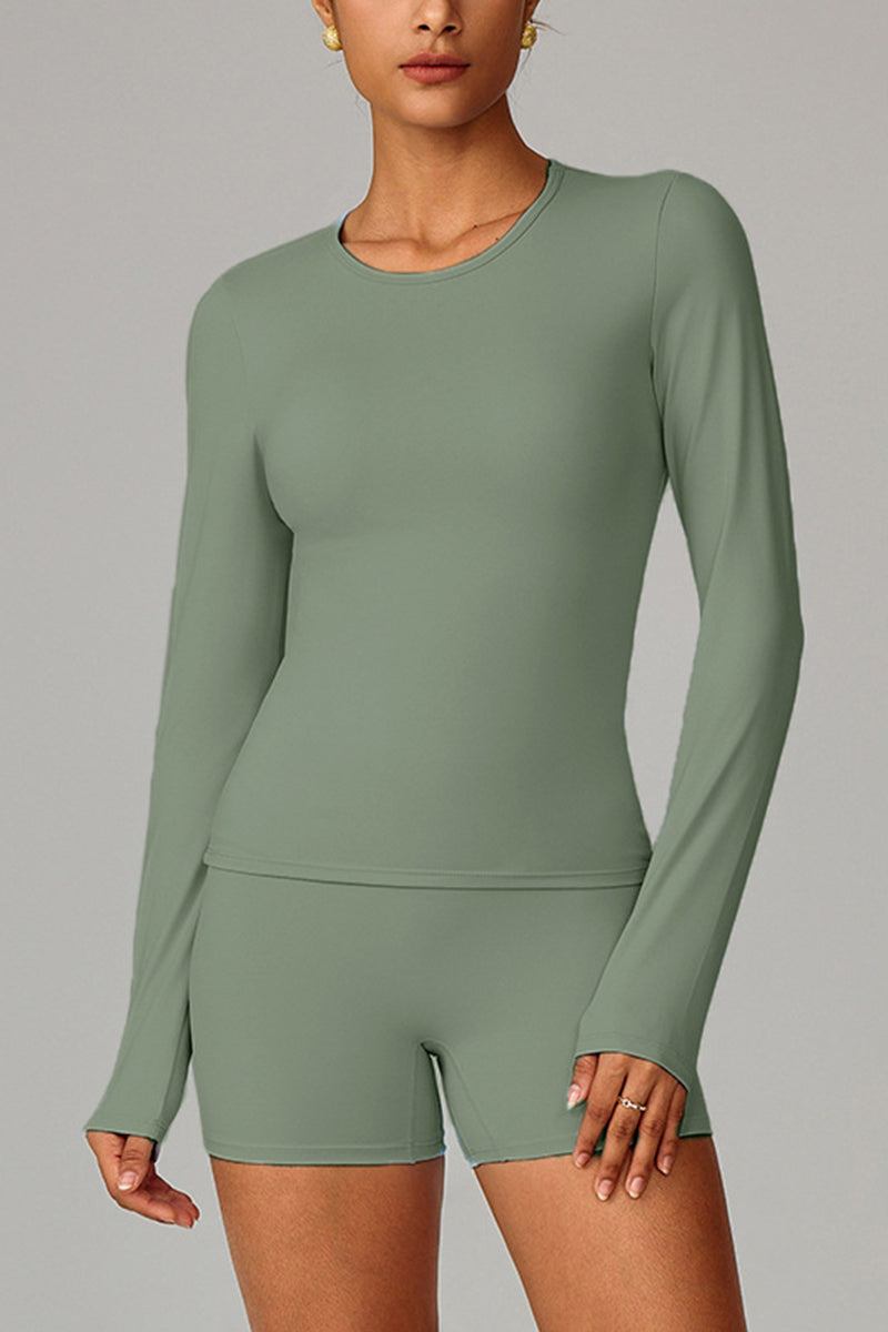 Women Fleece-Lined Yoga Set: Long Sleeve Top + Shaping Shorts