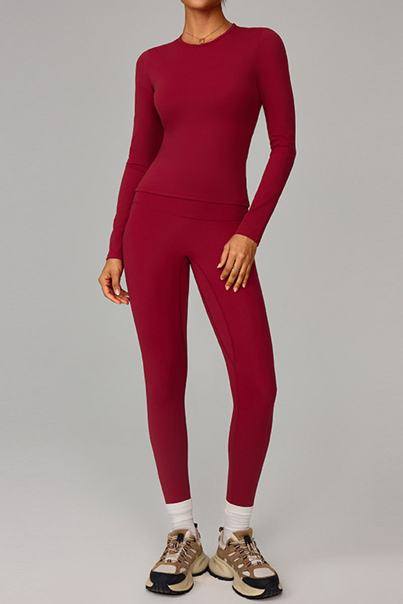 Women Fleece-Lined Yoga Set: Long Sleeve Top + High-Waist Leggings