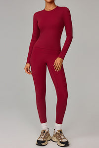 Women Fleece-Lined Yoga Set: Long Sleeve Top + High-Waist Leggings
