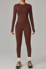 Women Fleece-Lined Yoga Set: Long Sleeve Top + High-Waist Leggings