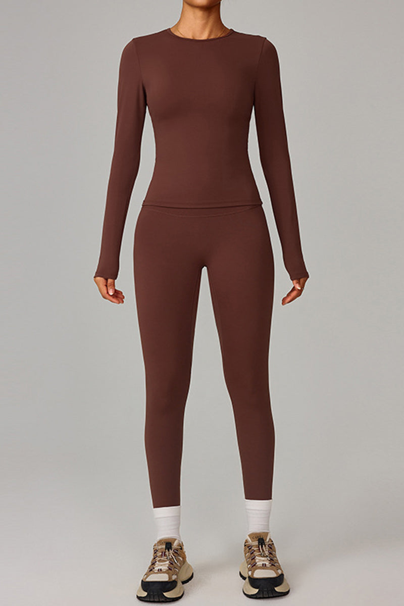 Women Fleece-Lined Yoga Set: Long Sleeve Top + High-Waist Leggings