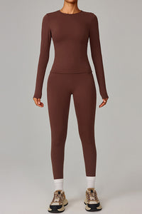 Women Fleece-Lined Yoga Set: Long Sleeve Top + High-Waist Leggings