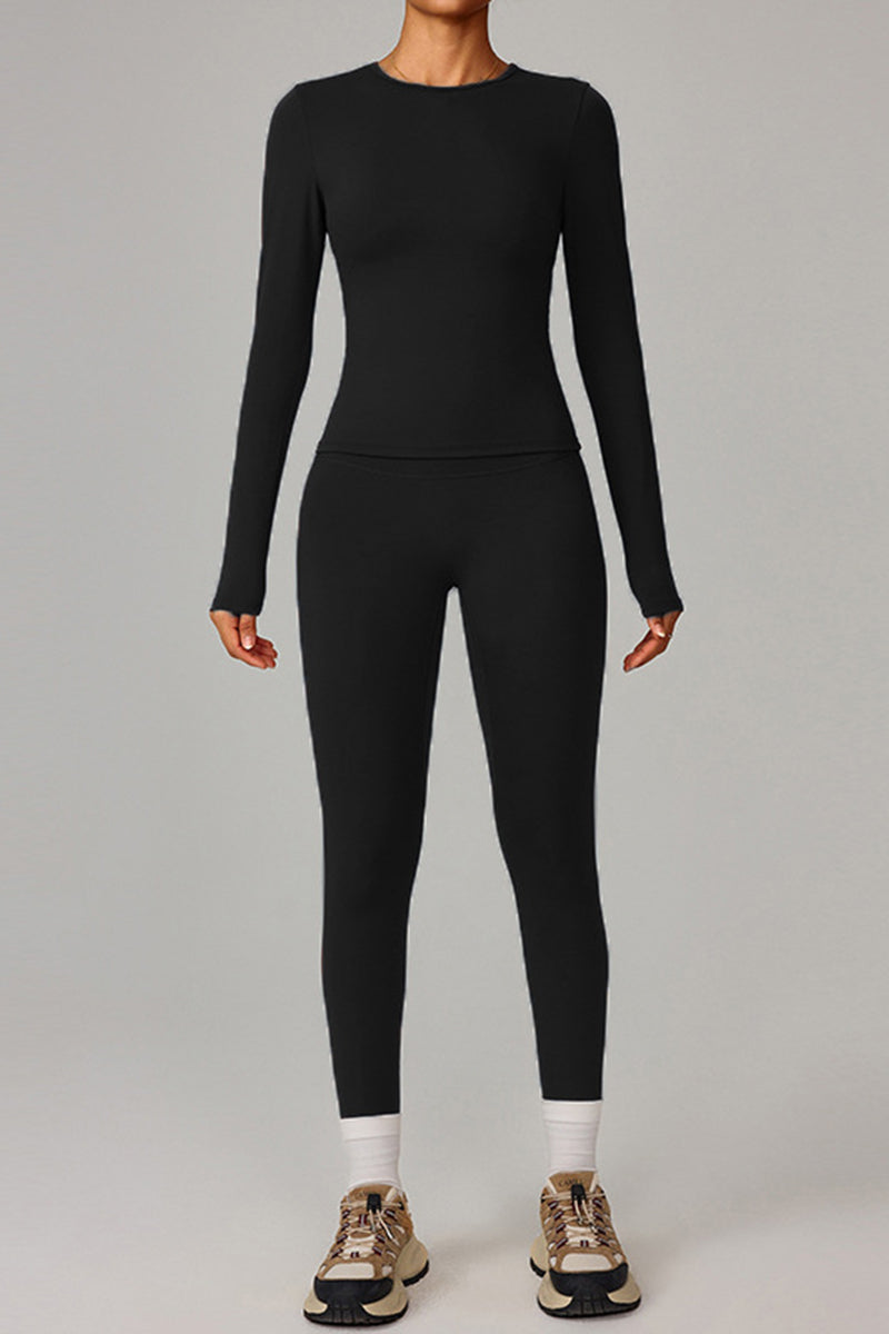 Women Fleece-Lined Yoga Set: Long Sleeve Top + High-Waist Leggings