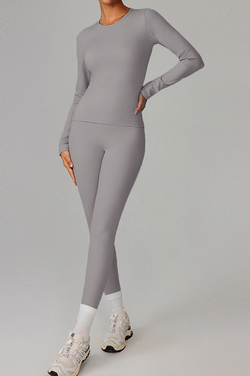 Women Fleece-Lined Yoga Set: Long Sleeve Top + High-Waist Leggings