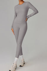 Women Fleece-Lined Yoga Set: Long Sleeve Top + High-Waist Leggings