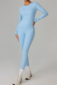 Women Fleece-Lined Yoga Set: Long Sleeve Top + High-Waist Leggings