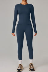 Women Fleece-Lined Yoga Set: Long Sleeve Top + High-Waist Leggings