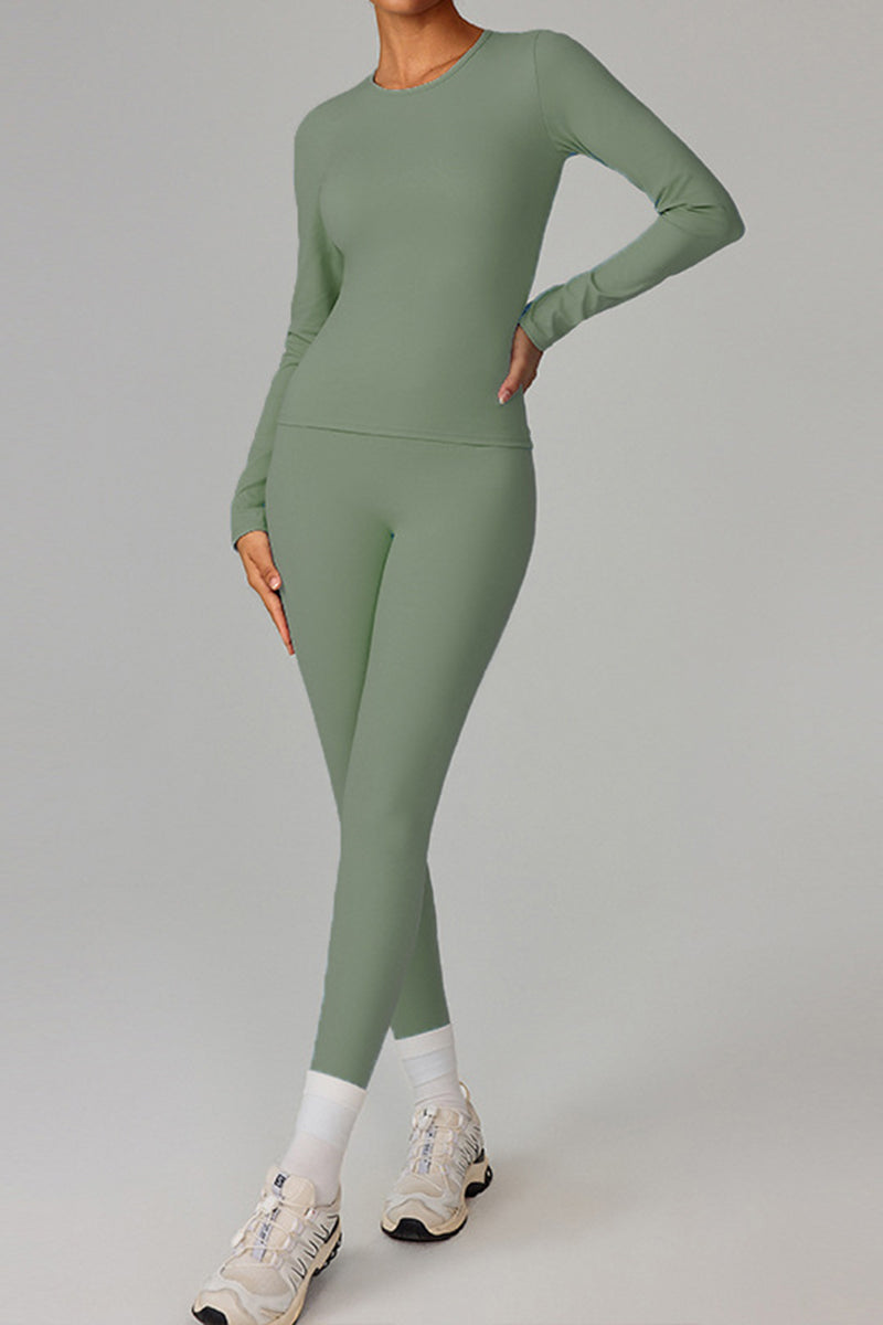 Women Fleece-Lined Yoga Set: Long Sleeve Top + High-Waist Leggings
