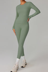 Women Fleece-Lined Yoga Set: Long Sleeve Top + High-Waist Leggings