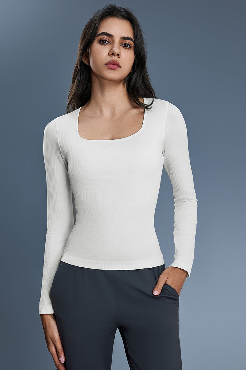 Women Square-Neck Built-in Bra Slim-Fit Workout Long Sleeves