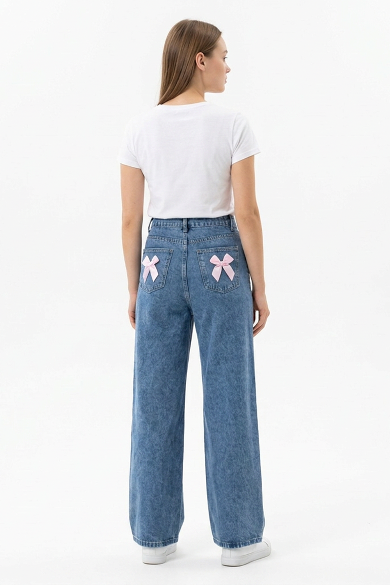 Women's High Waist Back Bow Detail Wide Leg Jeans
