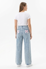 Women's High Waist Back Bow Detail Wide Leg Jeans