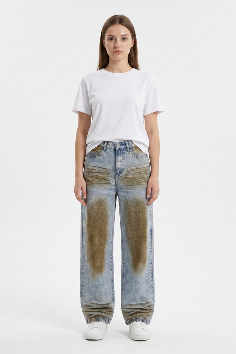 Women's Fall Color Block Distressed Wide Leg Jeans