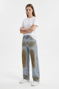 Women's Fall Color Block Distressed Wide Leg Jeans