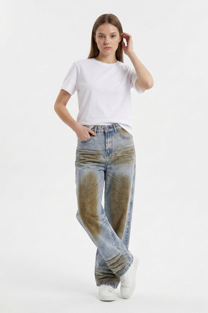 Women's Fall Color Block Distressed Wide Leg Jeans