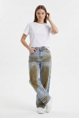 Women's Fall Color Block Distressed Wide Leg Jeans