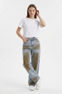 Women's Fall Color Block Distressed Wide Leg Jeans