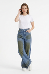 Women's Fall Color Block Distressed Wide Leg Jeans