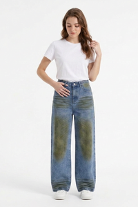 Women's Fall Color Block Distressed Wide Leg Jeans