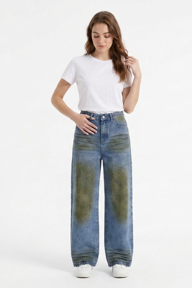Women's Fall Color Block Distressed Wide Leg Jeans