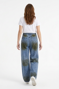 Women's Fall Color Block Distressed Wide Leg Jeans