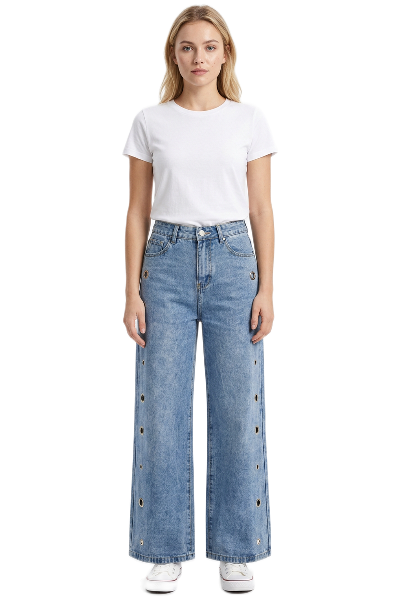 Women's Fall Vintage Metal Eyelet Loose Wide Leg Jeans