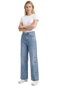 Women's Fall Vintage Metal Eyelet Loose Wide Leg Jeans