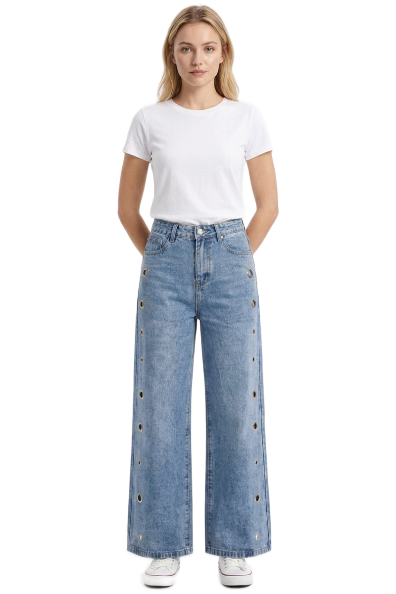 Women's Fall Vintage Metal Eyelet Loose Wide Leg Jeans