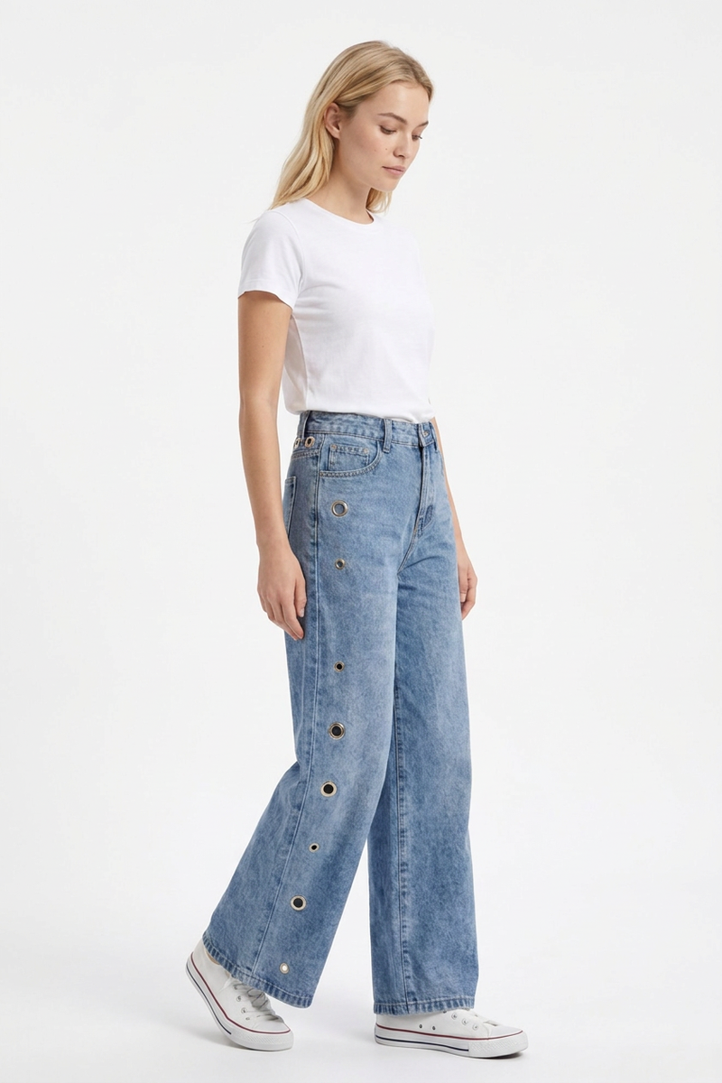 Women's Fall Vintage Metal Eyelet Loose Wide Leg Jeans