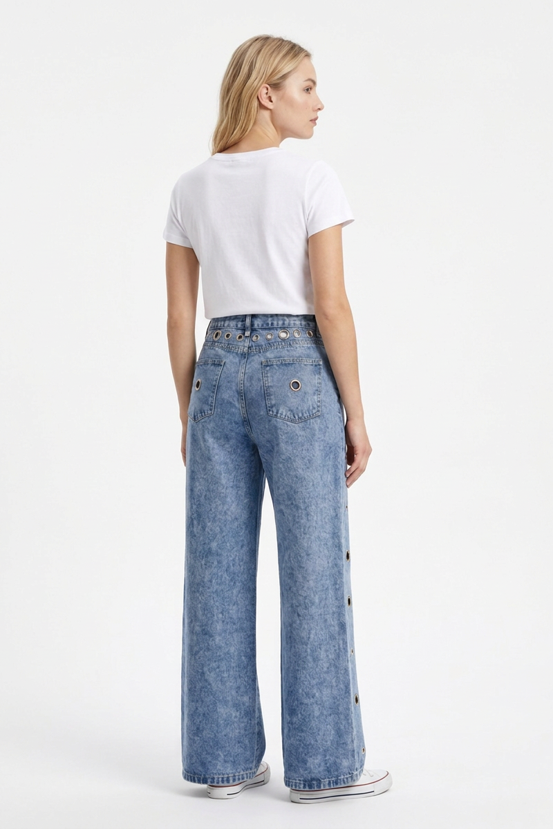 Women's Fall Vintage Metal Eyelet Loose Wide Leg Jeans
