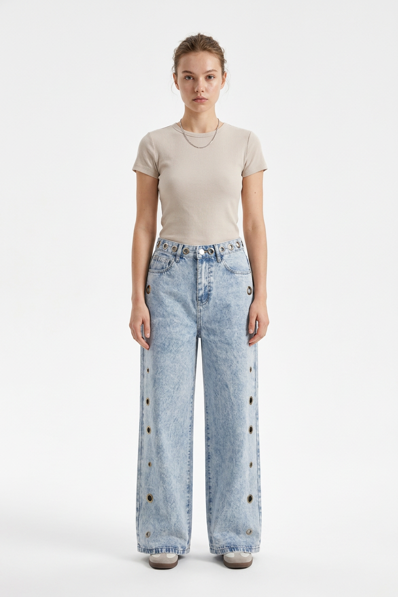 Women's Fall Vintage Metal Eyelet Loose Wide Leg Jeans