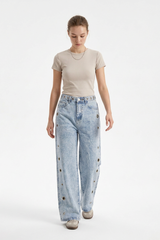 Women's Fall Vintage Metal Eyelet Loose Wide Leg Jeans