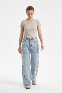 Women's Fall Vintage Metal Eyelet Loose Wide Leg Jeans