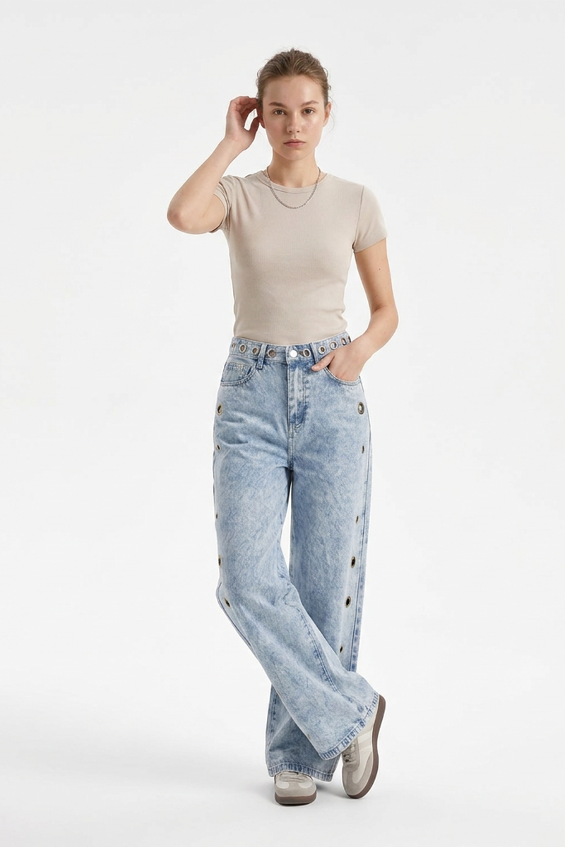 Women's Fall Vintage Metal Eyelet Loose Wide Leg Jeans