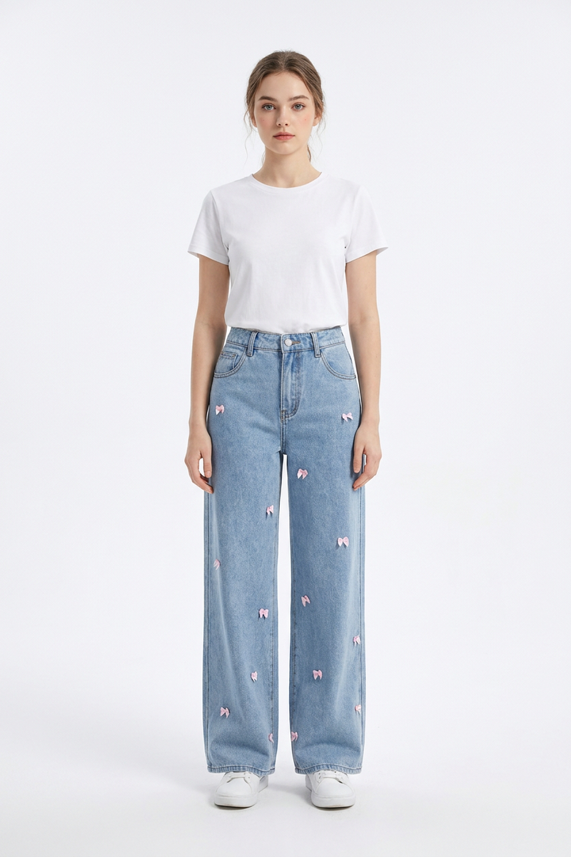 Women's High Waist Sweet Bow Pattern Wide Leg Jeans