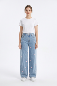 Women's High Waist Sweet Bow Pattern Wide Leg Jeans