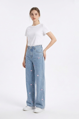 Women's High Waist Sweet Bow Pattern Wide Leg Jeans