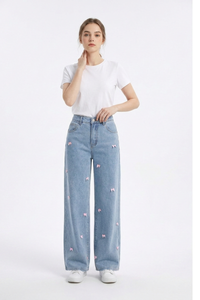 Women's High Waist Sweet Bow Pattern Wide Leg Jeans