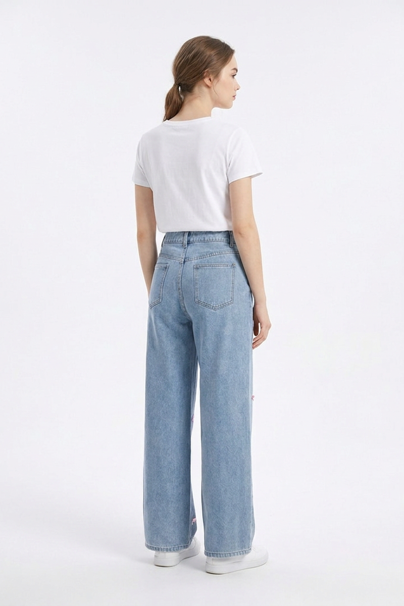 Women's High Waist Sweet Bow Pattern Wide Leg Jeans