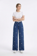 Women's High Waist Sweet Bow Pattern Wide Leg Jeans