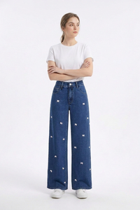 Women's High Waist Sweet Bow Pattern Wide Leg Jeans