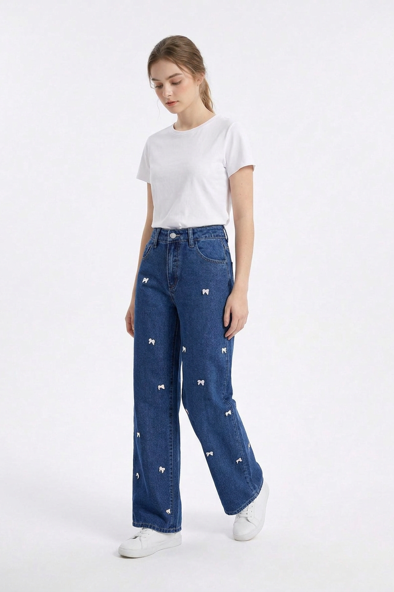 Women's High Waist Sweet Bow Pattern Wide Leg Jeans