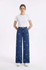 Women's High Waist Sweet Bow Pattern Wide Leg Jeans