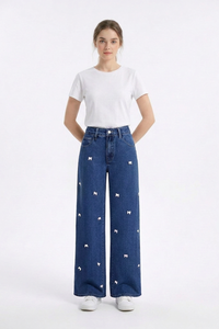 Women's High Waist Sweet Bow Pattern Wide Leg Jeans