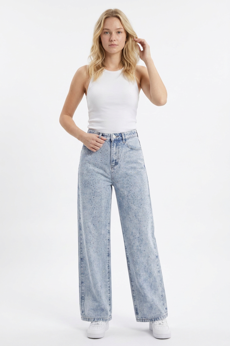 Women's High Waist Allover Rhinestone Loose Wide Leg Jeans