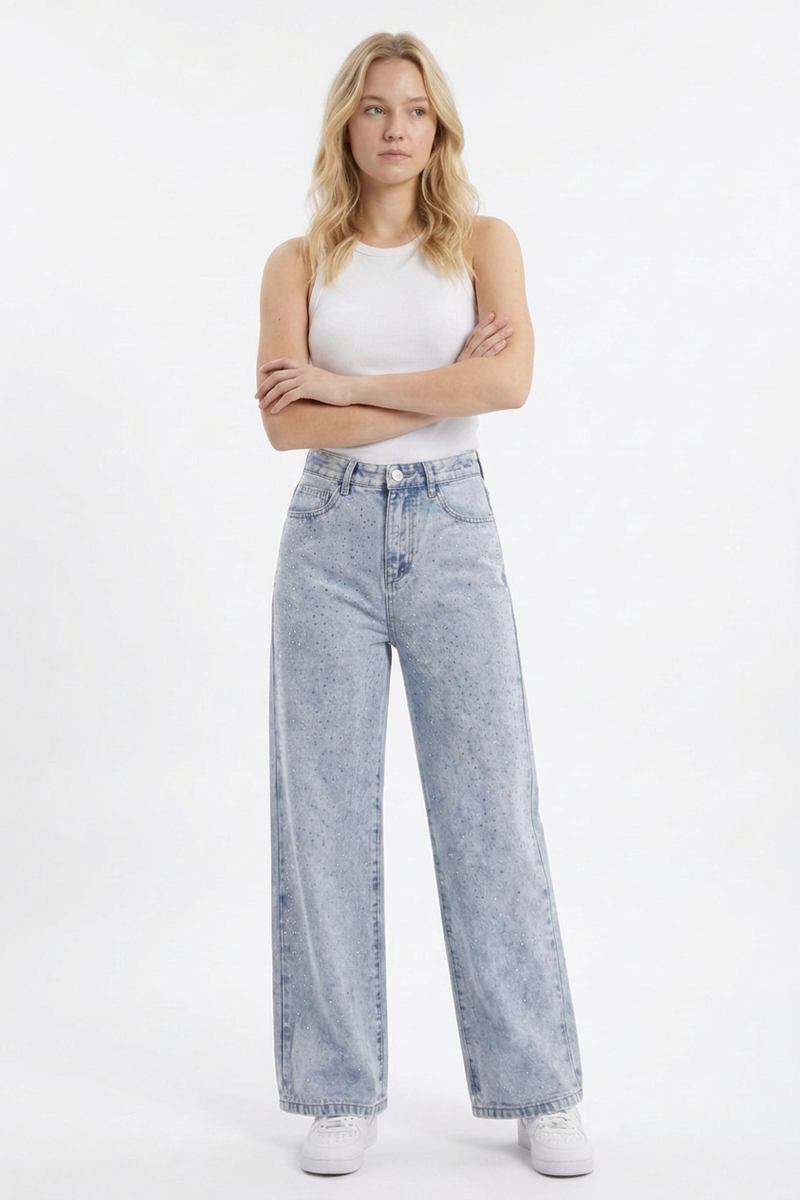 Women's High Waist Allover Rhinestone Loose Wide Leg Jeans