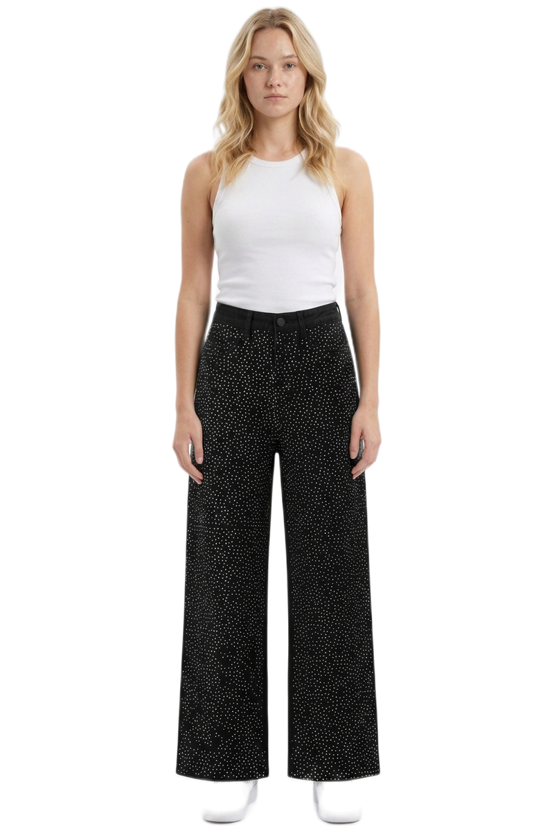 Women's High Waist Allover Rhinestone Loose Wide Leg Jeans